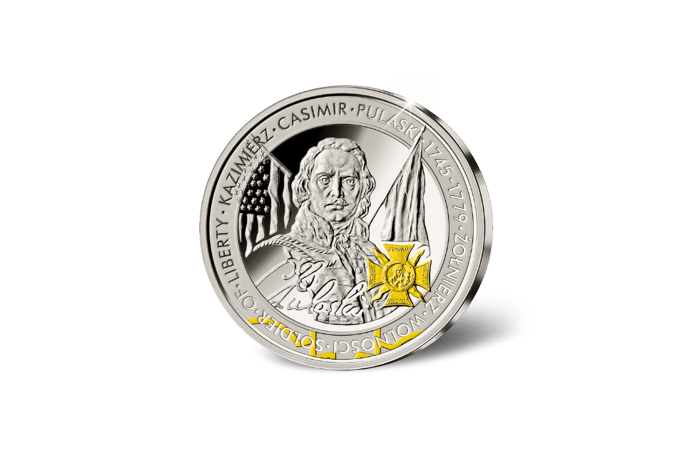 Kazimierz Casimir Pulaski (1745-1779) Commemorative Medallion • 1 Ounce .999 Silver Proof • 45 mm • 24-ct Gold Accents