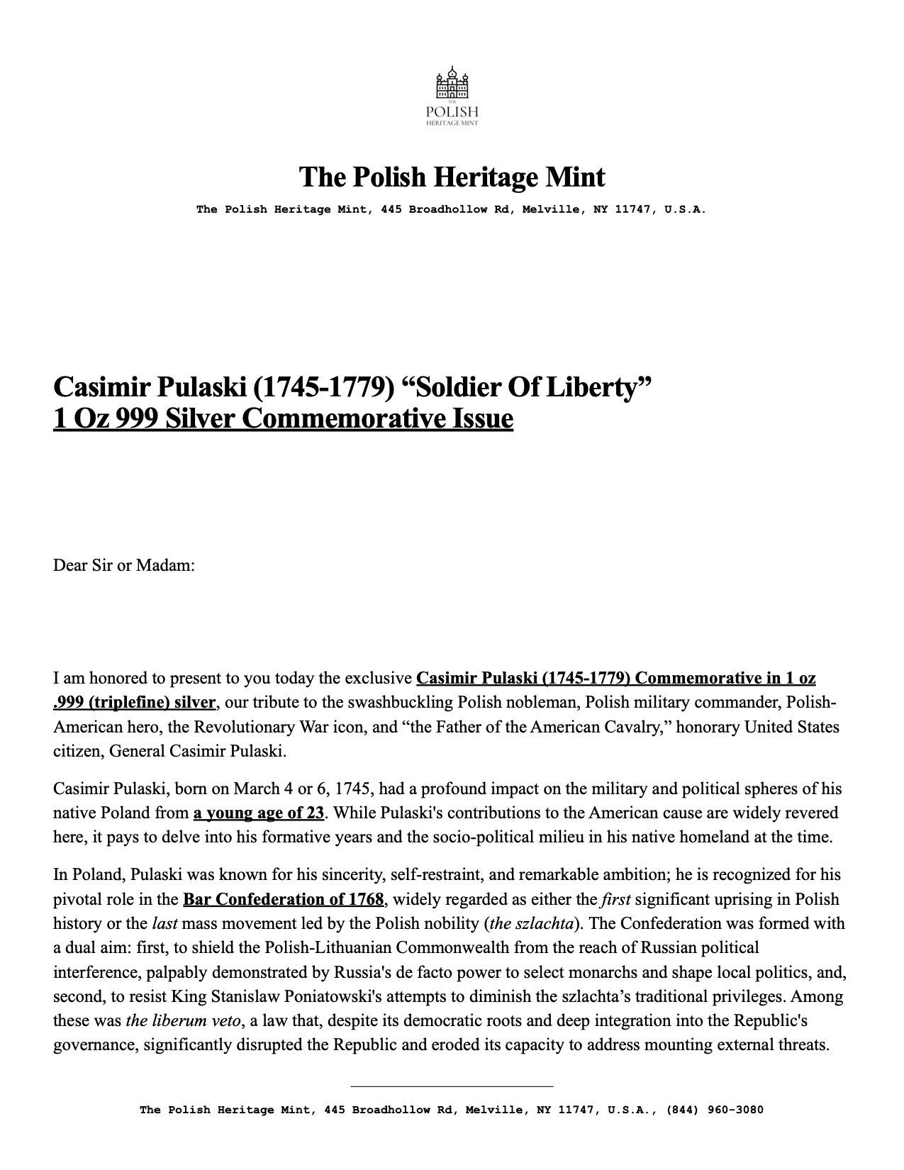 The Giants of Poland • #2 Kazimierz Casimir Pulaski (1745-1779) • 1 Ounce .999 Silver Proof • 45 mm • 24-ct Gold Accents