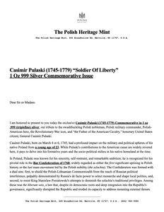 The Giants of Poland • #2 Kazimierz Casimir Pulaski (1745-1779) • 1 Ounce .999 Silver Proof • 45 mm • 24-ct Gold Accents