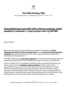 The Giants of Poland • #5 Maria Sklodowska-Curie (1867-1934) • 1 Ounce .999 Silver Proof • 45 mm • 24-ct Gold Accents