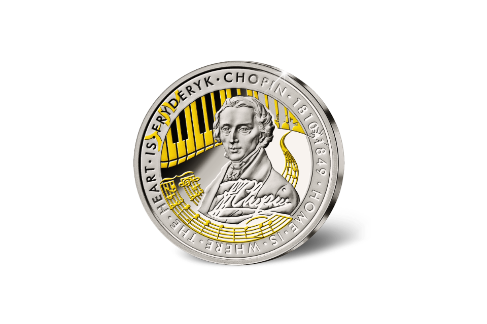 Frederic Chopin (1810-1849) Commemorative Medallion • 1 Ounce .999 Silver Proof • 45 mm • 24-ct Gold Accents