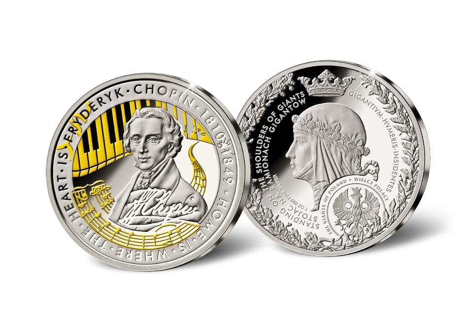 Frederic Chopin (1810-1849) Commemorative Medallion • 1 Ounce .999 Silver Proof • 45 mm • 24-ct Gold Accents