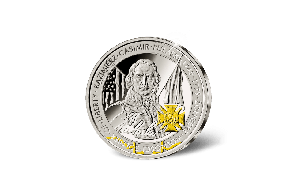 The Giants of Poland • #2 Kazimierz Casimir Pulaski (1745-1779) • 1 Ounce .999 Silver Proof • 45 mm • 24-ct Gold Accents