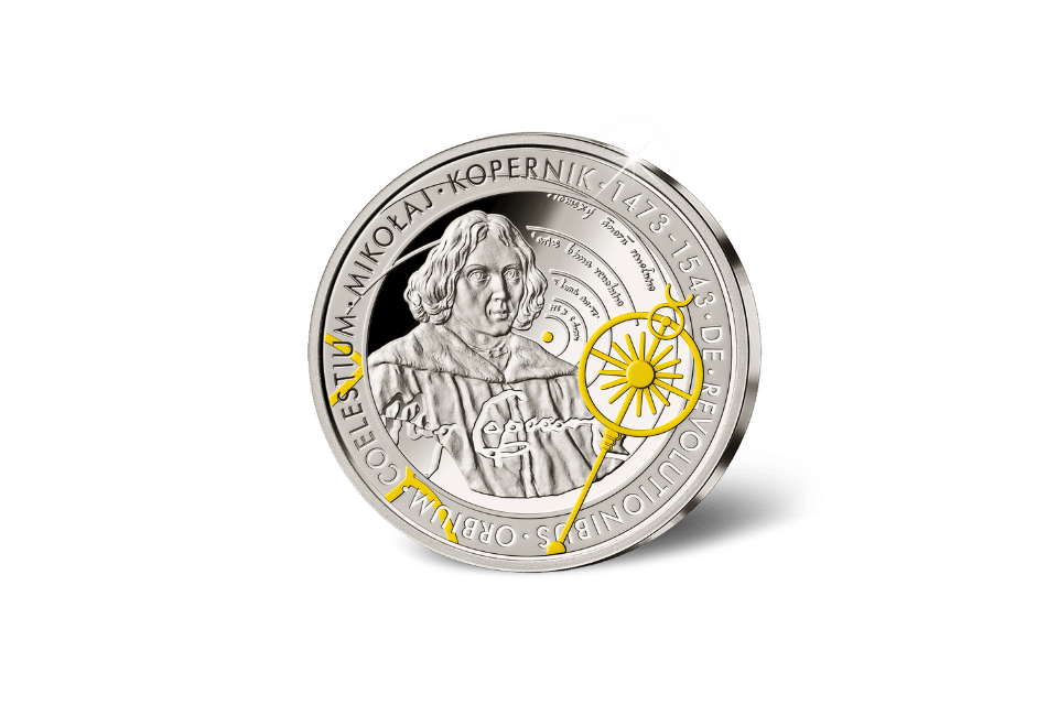 The Giants of Poland • #3 Nicolaus Copernicus (1473-1543) • 1 Ounce .999 Silver Proof • 45 mm • 24-ct Gold Accents