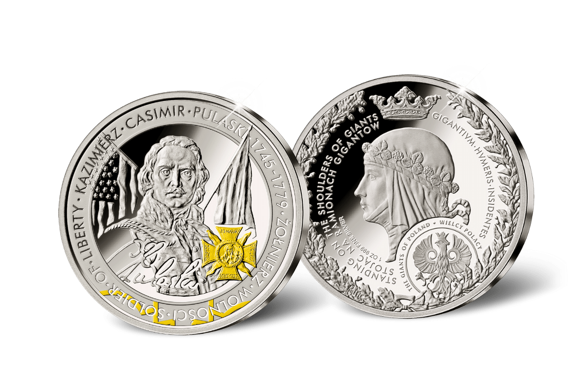 The Giants of Poland • #1 Józef Piłsudski (1867-1935) • 1 Ounce .999 Silver Proof • 45 mm • 24-ct Gold Accents