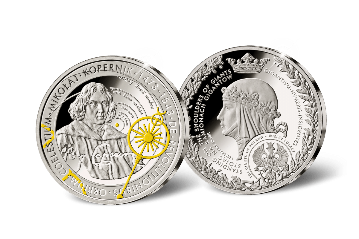 The Giants of Poland • #3 Nicolaus Copernicus (1473-1543) • 1 Ounce .999 Silver Proof • 45 mm • 24-ct Gold Accents