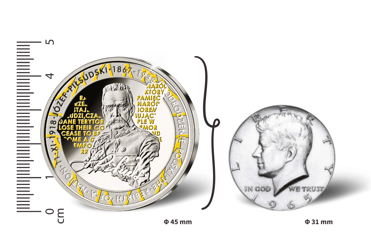 The Giants of Poland • #1 Józef Piłsudski (1867-1935) • 1 Ounce .999 Silver Proof • 45 mm • 24-ct Gold Accents